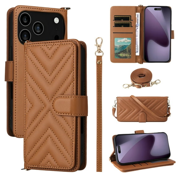 ELEHOLD Crossbody Case for iPhone 17 Pro Max, Detachable Leather Flip Wallet Phone Case with Card Slots and Kickstand,Brown