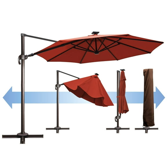 SUNNYOUTDOOR 11.5' Deluxe Cantilever Umbrella LED Lighted Umbrella Sunbrella Cover Patio Umbrella Garden Outdoor (Henna)