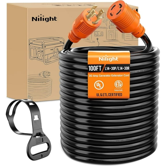 Nilight 30 Amp 100FT Generator Extension Cord 125/250V 7500 Watt Heavy Duty 10 Gauge Pure Copper STW Wire ETL Listed 4 Prong L14-30P L14-30R Cable for Generator RV Camper Outdoor Use