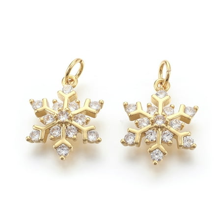 10pc Brass Micro Pave Cubic Zirconia Pendants Lead Free & Cadmium Free & Nickel Free Snowflake Goldenen 13x17x4mm Hole: 3mm