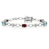 Gem Stone King 925 Sterling Silver Red Rhodolite Garnet and Blue Zircon and Round White Lab Grown Diamond Tennis Bracelet for Women (3.49 Cttw, Gemstone Birthstone, Oval 6X4MM, 7.25 inches)