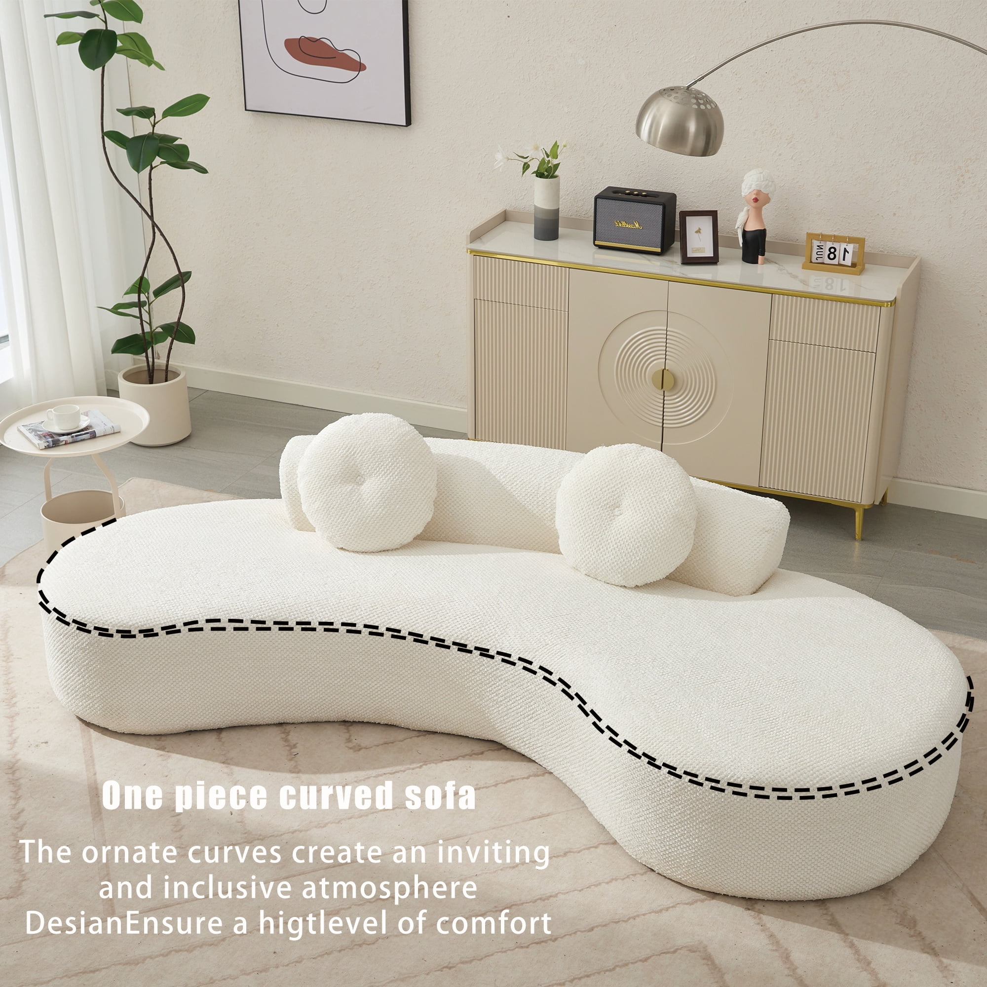 Aukfa 106" Deep Seat Sofa Curved Sleeper Couch for Living Room, 2 Pillows, Corduroy, Beige
