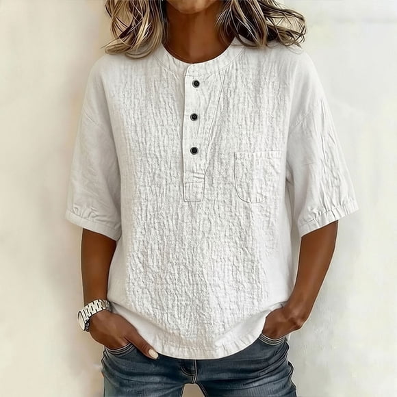 Craaazy Hauts à Manches Courtes pour Femmes Coupe Ample Couleur Unie Col Henley Blouse Décontractée avec Poche et Détail de Bouton Respirant pour l'Été Tenue Quotidienne