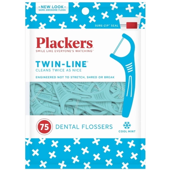 PLACKERS Twin-Line Dental Flossers, Cool Mint 75 each