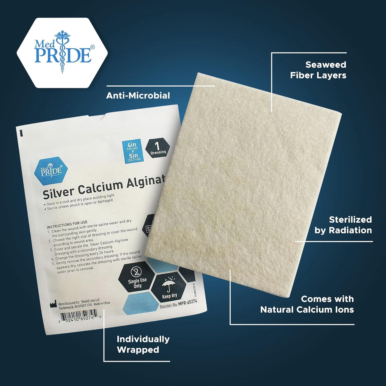 MED PRIDE Silver Calcium Alginate Non Stick Wound Pads, 4 X 5 Inch, 10 Count Sterile, Highly Absorbent