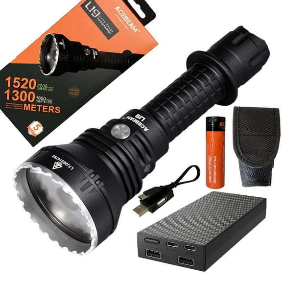 Acebeam L19 PM1 WHITE LED Flashlight -1650 Lumens 1300 meter throw w/ Battery and Eco-Sensa light weight, high performance USB Type-C 20000mAh Powerbank