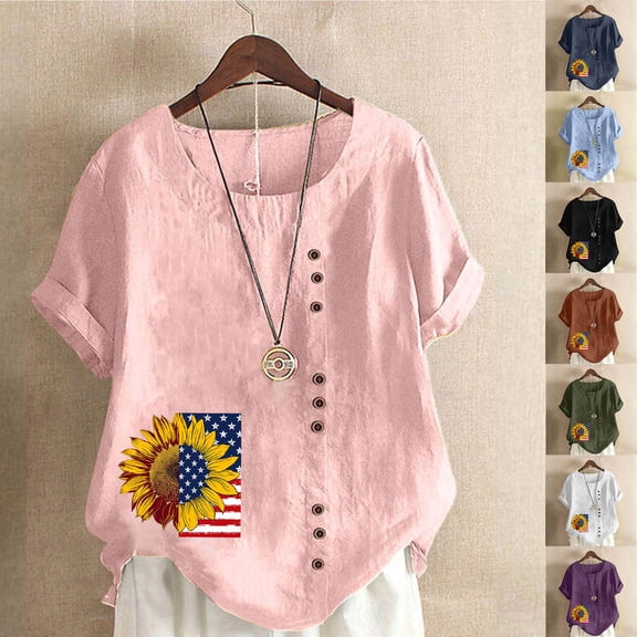 lcziwo Women Patriotic T Shirt Plus Size Linen Stars Stripes Short Sleeve Shirts Patriotic Graphic Memorial Summer Crew Neck T Shirt Purple L