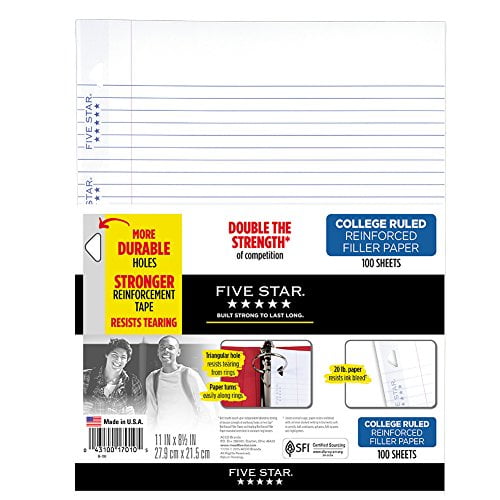 Five Star Loose Leaf Paper, 3 Hole Punched, Reinforced Filler Paper, College Ruled, 11' x 8-1/2', 100 Sheets/Pack, 1 Pack (17010)