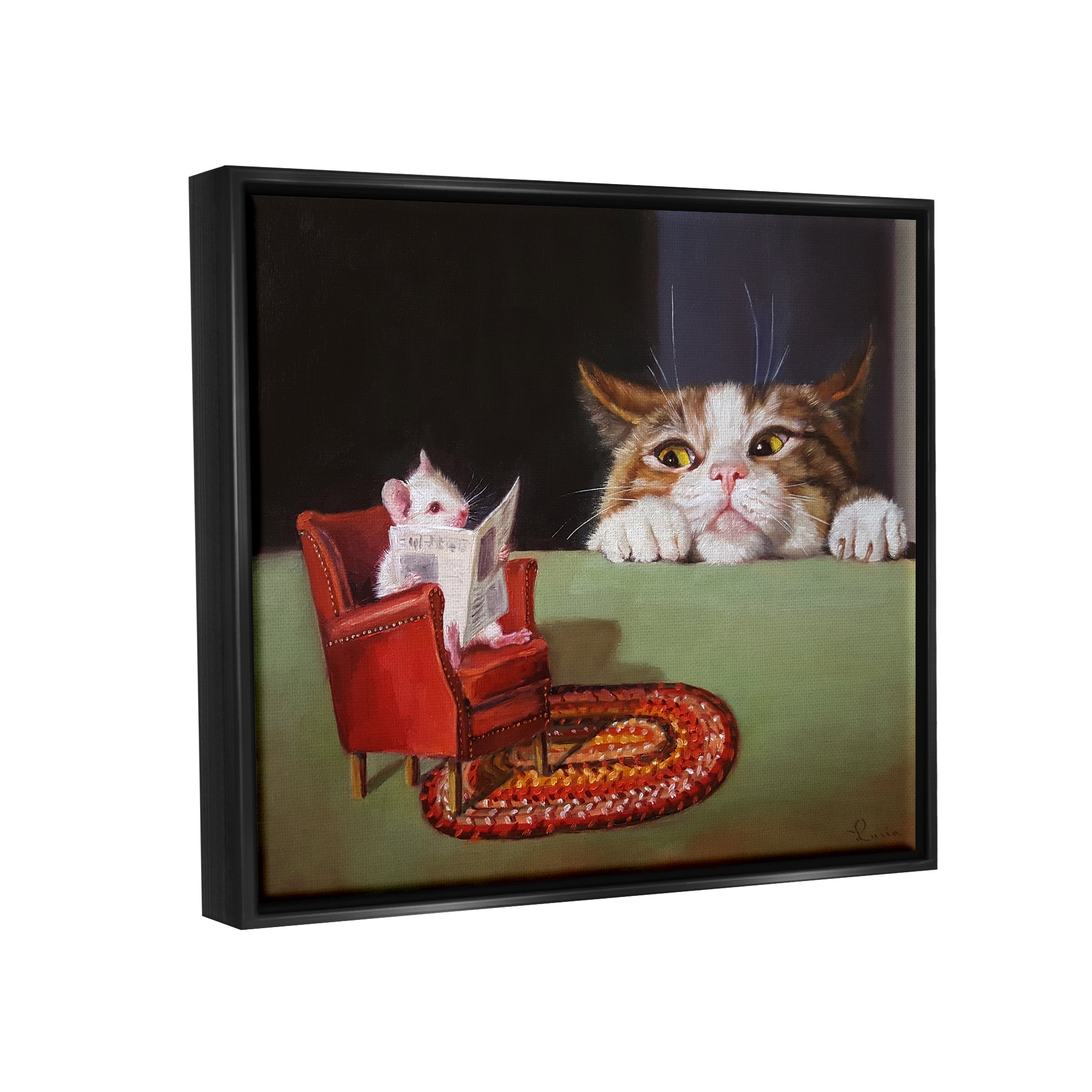 Stupell Industries Manx Cat Watching Mouse Animals & Insects Painting Black Floater Framed Art Print Wall Art, 31 x 25