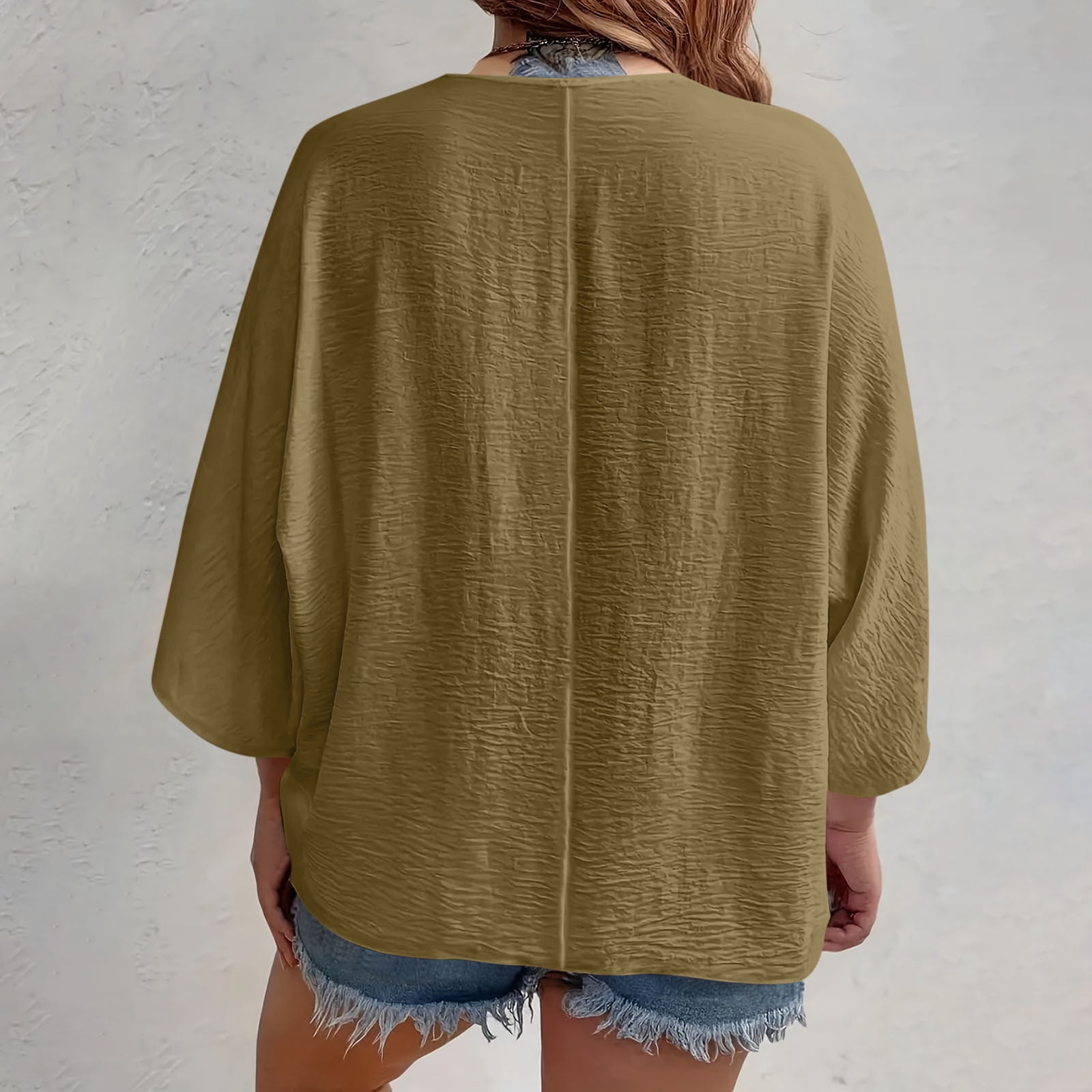 Button-Down Shirts for Women Plus Size L-4X Lightweight 3/4 Sleeve Blouses Tops Womens Casual Solid Color Loose V Neck Beach Cover Ups Tees Top