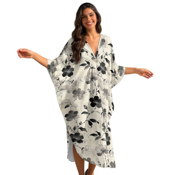 DISNIMO Floral Print Kaftan Dress for Women Plus Size V Neck Beach Cover Ups Batwing Sleeve Caftan Dress Swimsuit Cover Up Casual Loose Bathing Suit Coverups