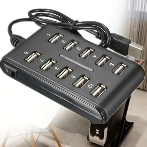 10-Port USB Hub with Switch for Home and Work Use - Portable and Durable ABS Plastic Design