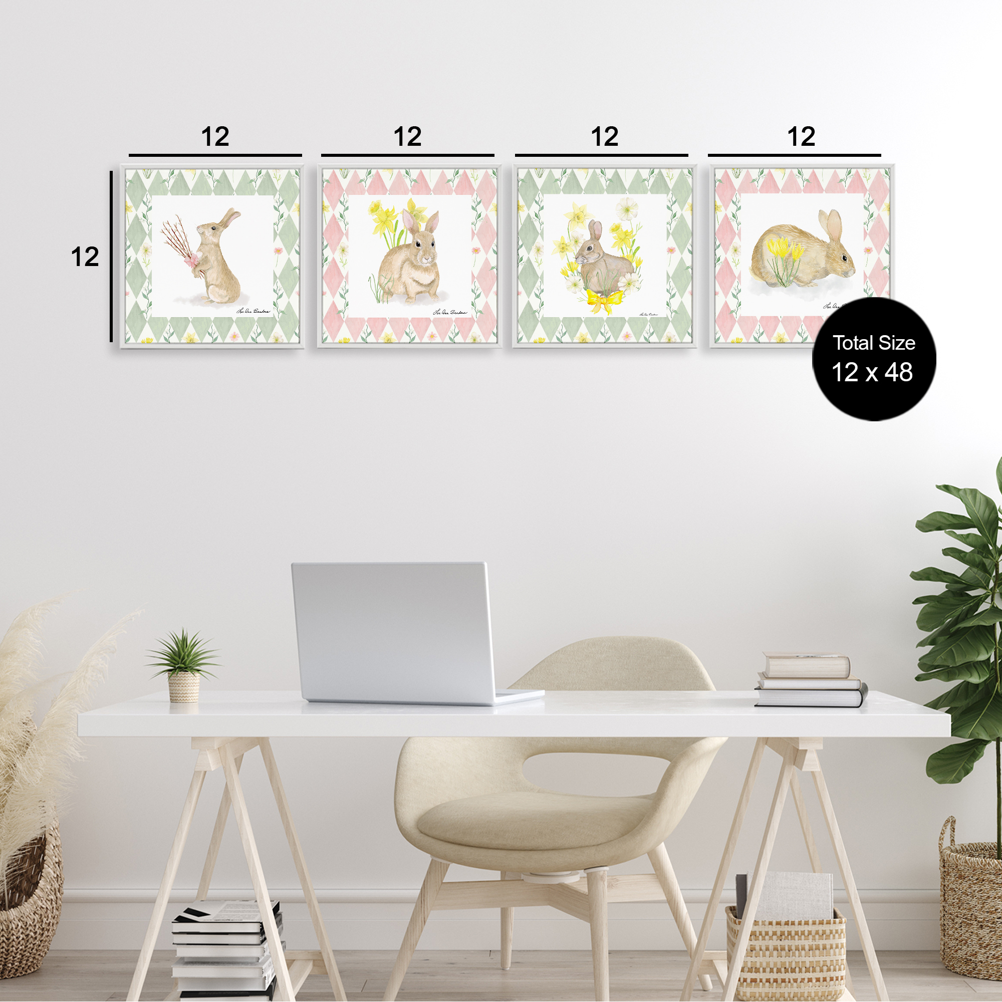 Spring Bunnies on Argyle 4 Piece White Framed Giclee Art Set, design by Lee Ann Sanders