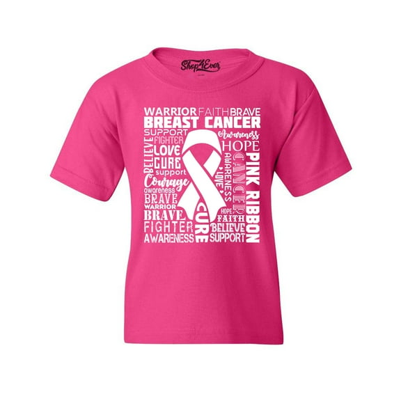 Shop4Ever Kids Breast Cancer Awareness White Ribbon Word Cloud Graphic Child's Youth T-Shirt Small Heliconia Pink