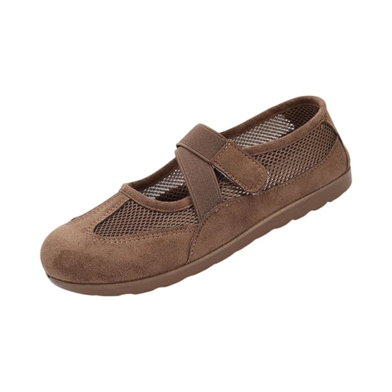 HTHLVMD Hook‑And‑Loop Casual Shoes, Breathable Walking Footwear, Versatile Sports Mary Jane Women's Shoes, Casual Breathable Hollow Mesh Thin Sole Ballet Style Women's Shoes, Coffee 6.5