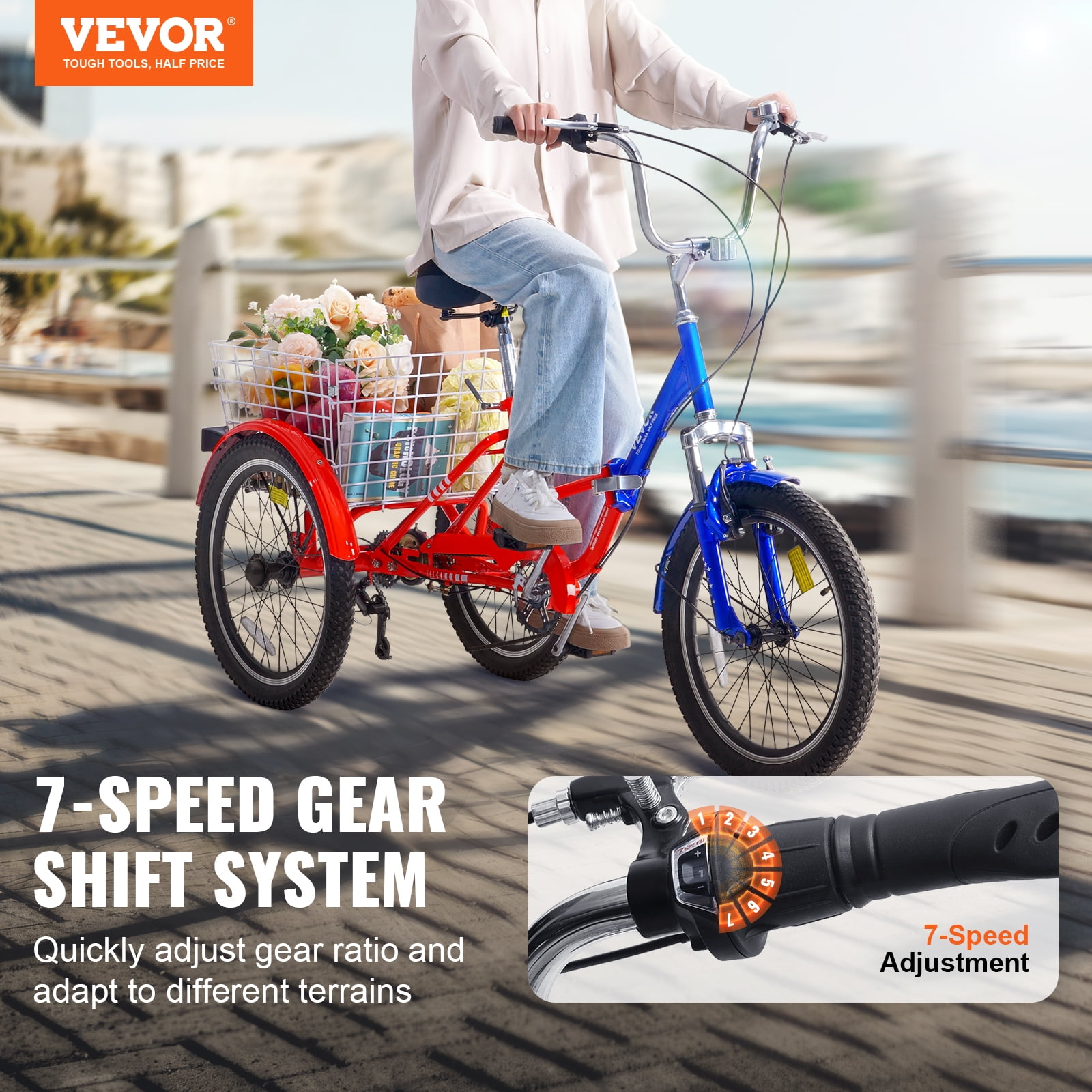 VEVOR Folding Adult Tricycle, 20-Inch 7-Speed Adult Folding Trikes, Carbon Steel 3 Wheel Cruiser Bike with Large Basket & Adjustable Seat, Shopping Picnic Foldable Tricycles for Women, Men, Seniors