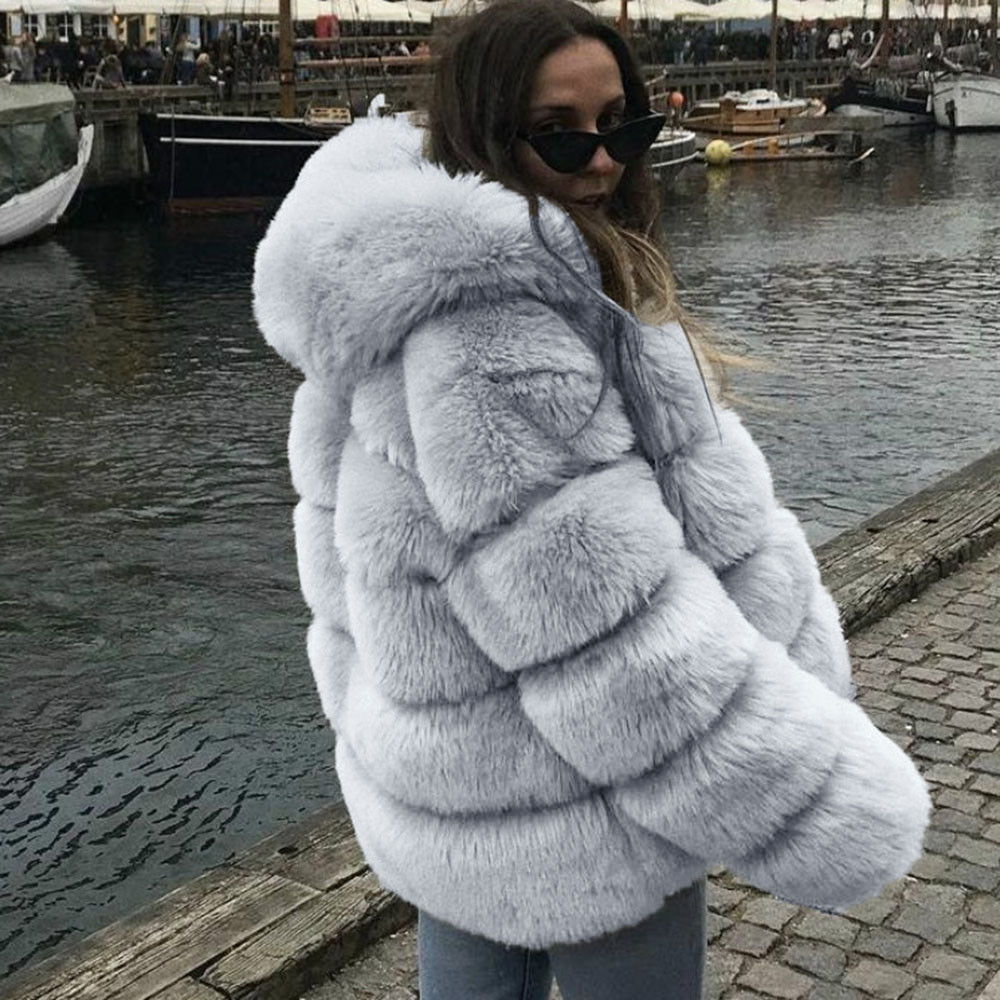 Mnycxen Women Faux Mink Winter Hooded Faux Fur Jacket Warm Thick Outerwear Jacket - image 4 of 6