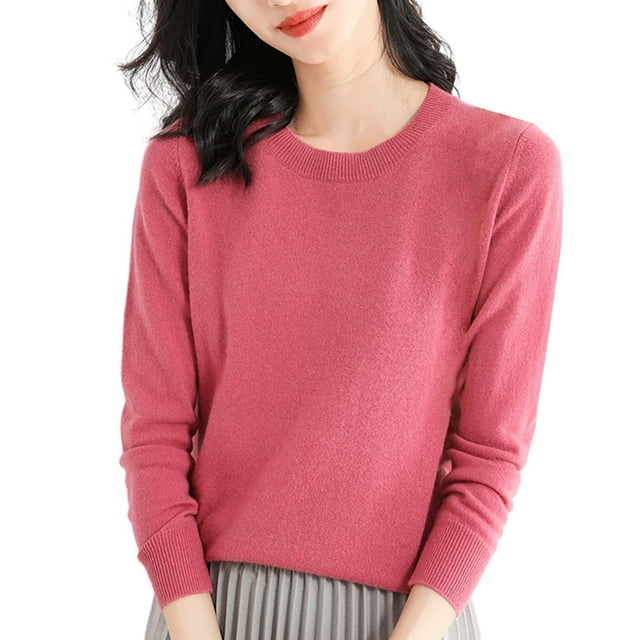 Duoif Chandails pour Femmes Chandails Légers Tendance pour Femmes Manches Longues Col Rond Léger Doux Tricoté Chandail Tricoté Blouse Chandails pour Femmes Hauts pour Femmes Rose Vif