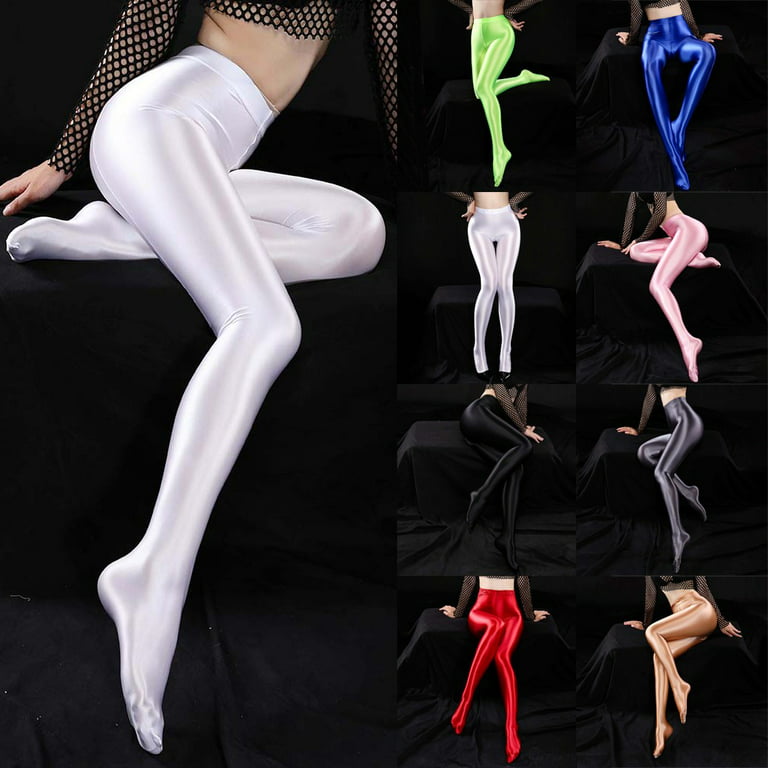 YIWEI Women's Shiny Silky Pantyhose Satin Glossy Stockings Nylon Yoga Tights  Dancewear White M 