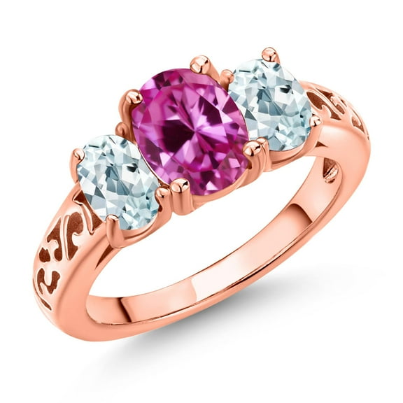 Gem Stone King 18K Rose Gold Plated Silver Pink Created Sapphire and Sky Blue Aquamarine Filigree Style 3 Stone Ring for Women (2.65 Cttw, Oval 8X6MM and 6X4MM) (Size 7)