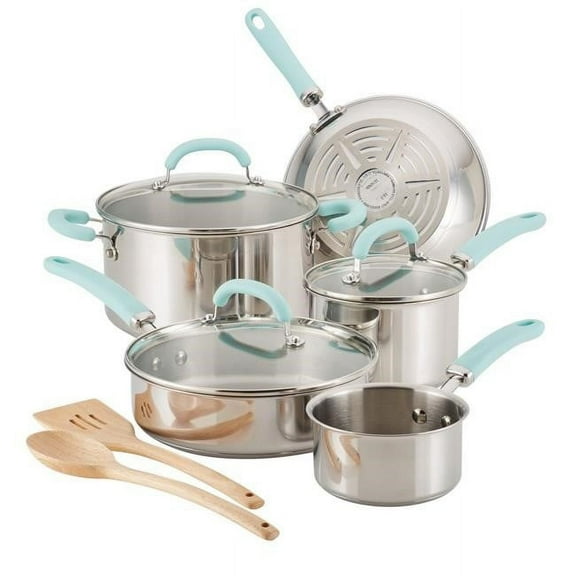 Rachael Ray Create Delicious 10 Piece Stainless Steel Pots and Pans Sets, Light Blue Handles