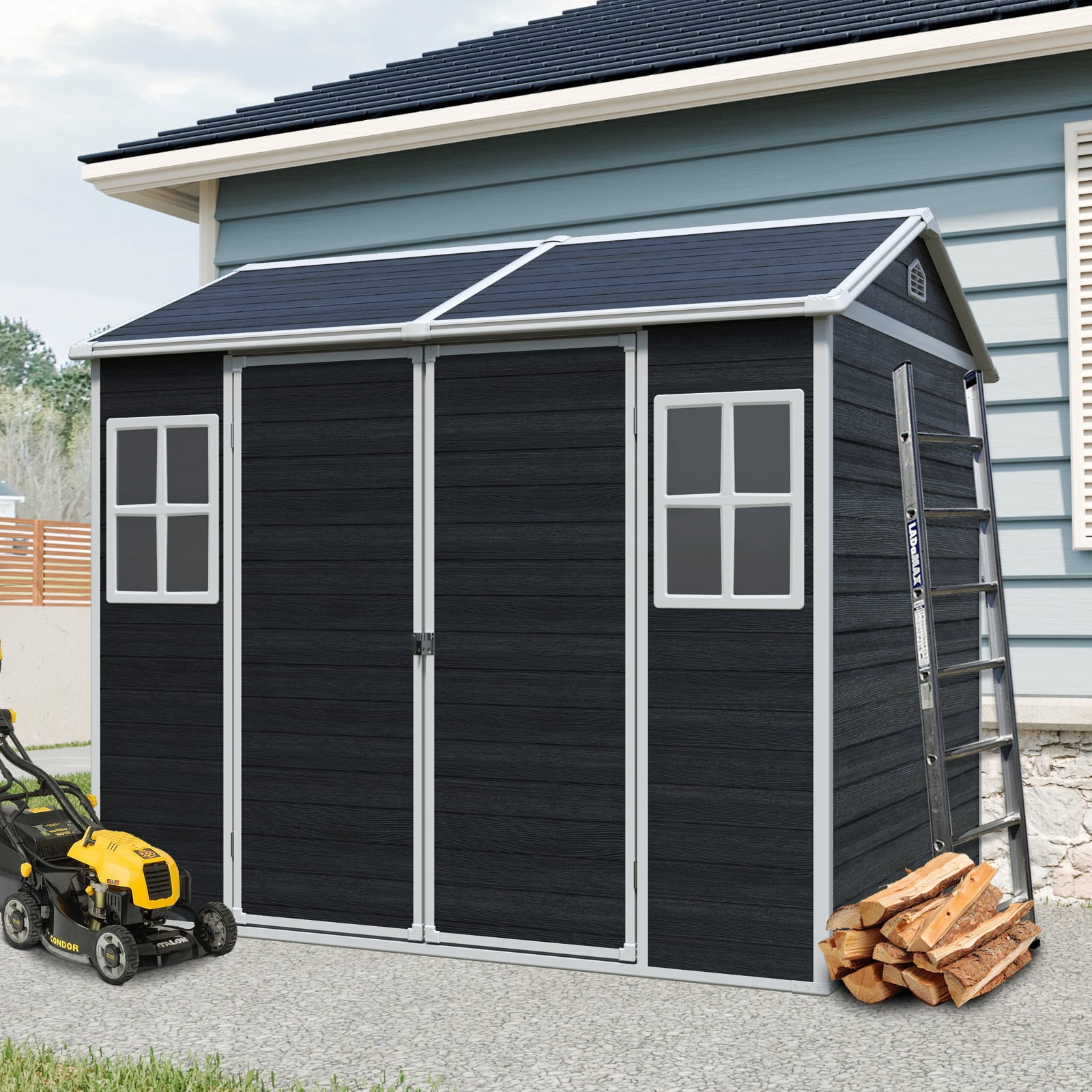 IMagacFun 8x6 Resin Outdoor Storage Shed Heavy Duty Waterproof Shed Plastic Shed with Floor,2 Windows and Lockable Doors for Garden Patio Backyard Black