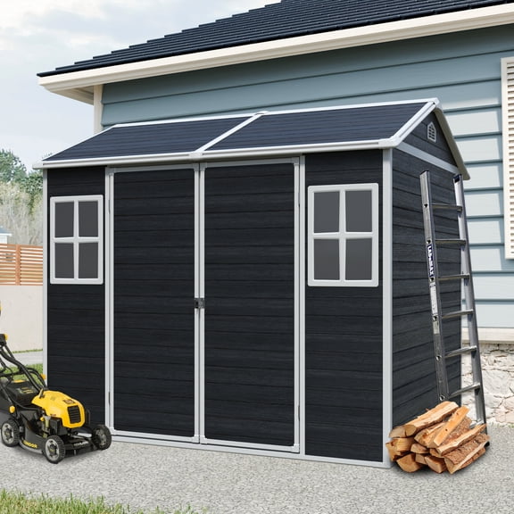 Olurrisa 8 x 6ft Resin Outdoor Storage Shed Waterproof Shed with Floor & Two Windows & Lockable Door, Tool Shed for Garden, Patio, Backyard ,Black