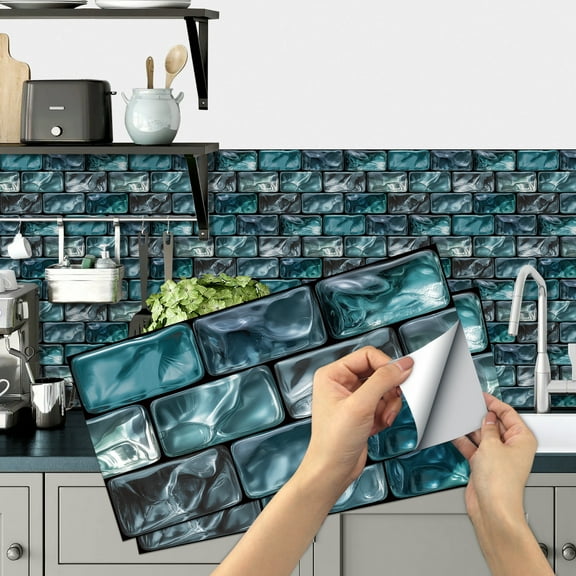 Mosaic Brick Marbling Tile Sticker 11.8 x 5.9inch Peel and Stick Wall Backsplash 6 Pcs Self-Adhesive Waterproof Vinyl Decals