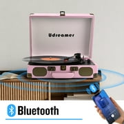 Udreamer Vinyl Record Player 3-Speed Turntable with Bluetooth, Suitcase Portable Vintage Audio Turntable, Pink