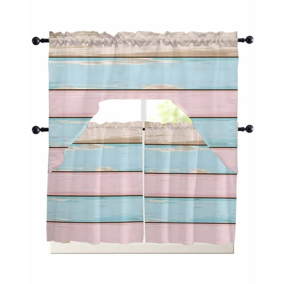 Pink Blue Striped Kitchen Curtains Sets 36 Inch Length with Valance, Vintage Shabby Chic Wood Grain Swag Valances and Tiers Curtain Set Drapes Swag Curtains for Living Room, Bathroom, Bedroom, Cafe