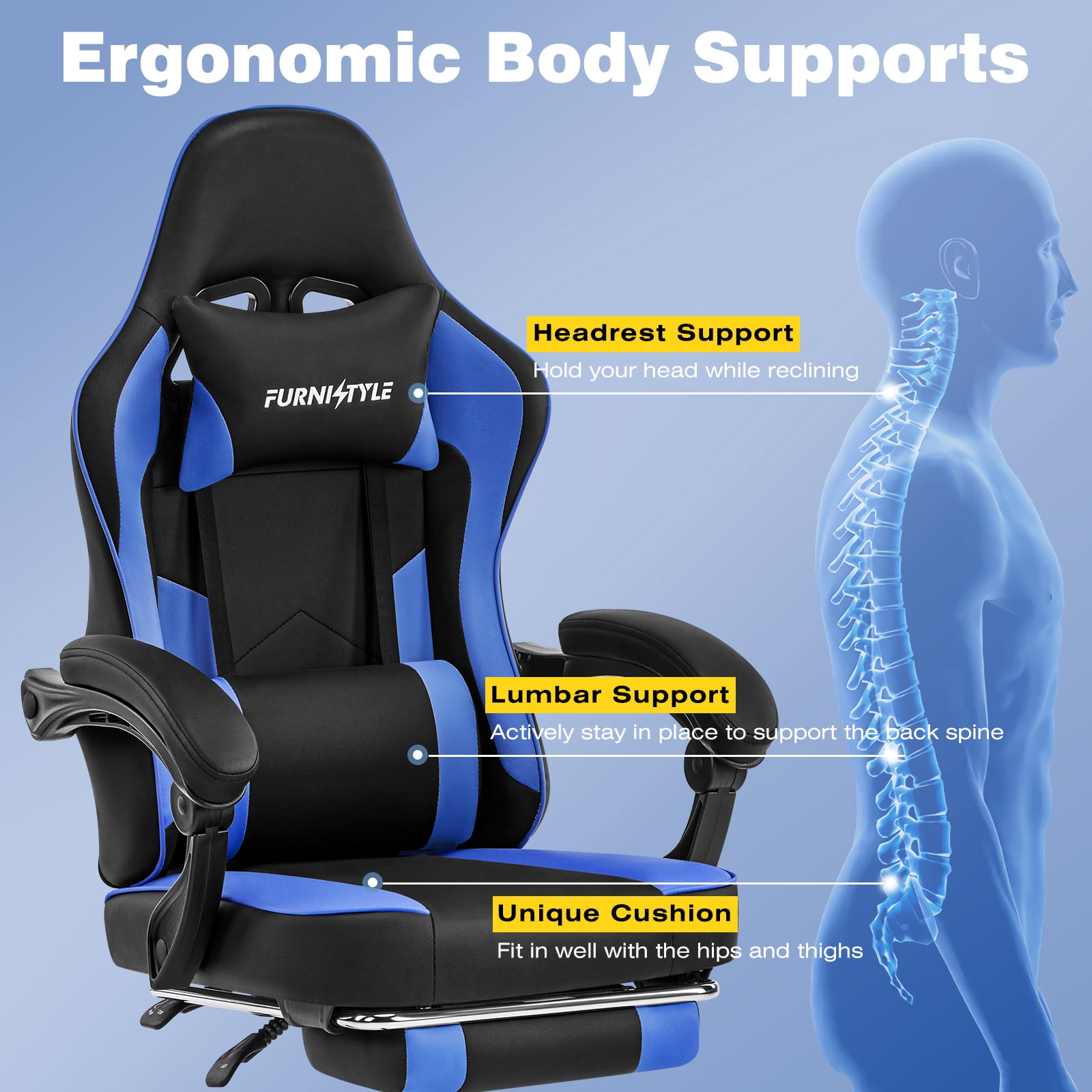 Falvinoryn Gaming Chair, Video Game Chair with Headrest and Lumbar Support,High Back Ergonomic Computer Chair with Footrest,Swivel Desk Office Chair, Blue