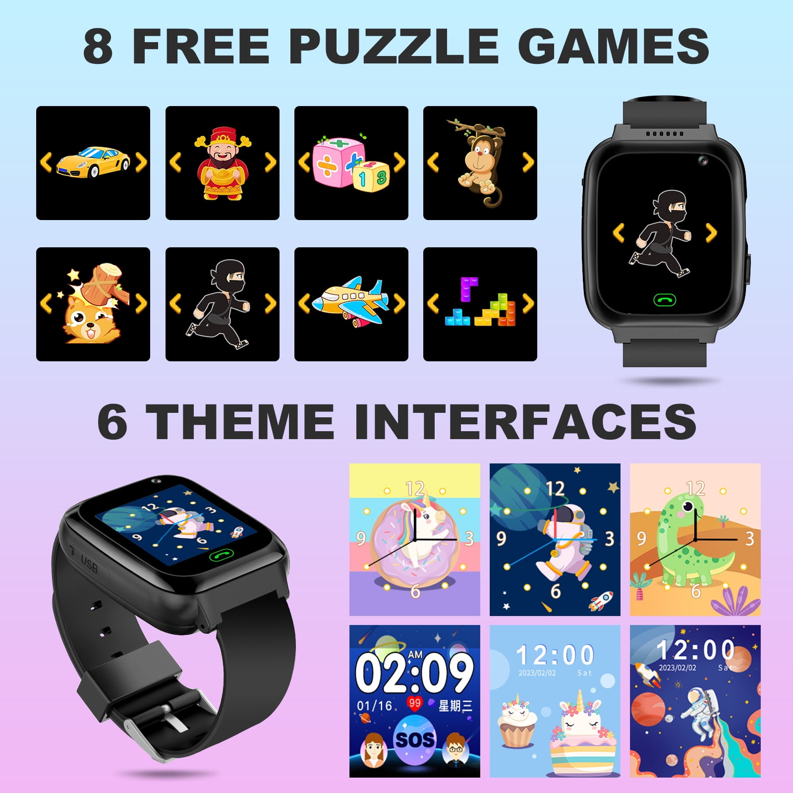 TOPCHANCES Kids Smart Watch for Boys Girls, Touch Screen Smartwatch with Call, 8 Games, Camera, Video, Calculator, Music Player (Black)