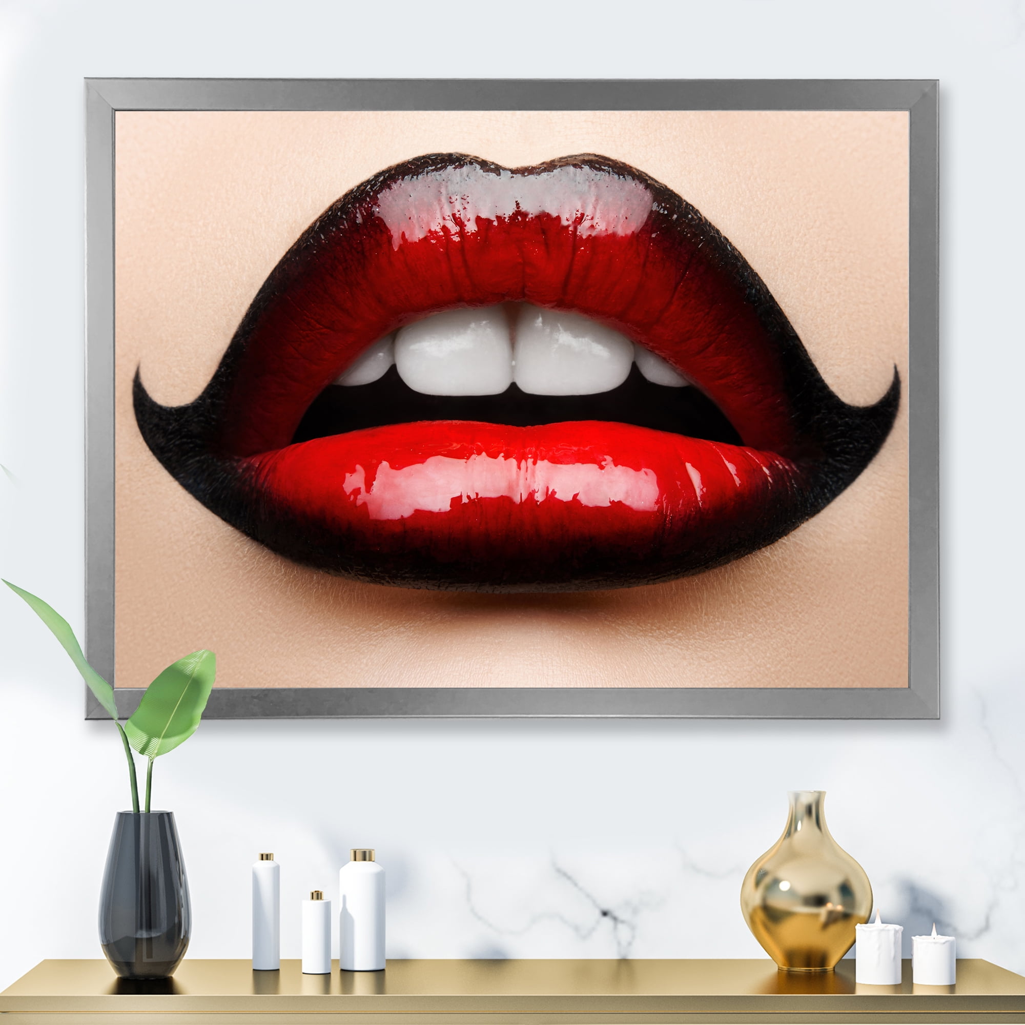 Designart 'Woman Lips With Red and Black Lipstick' Modern Framed Art Print