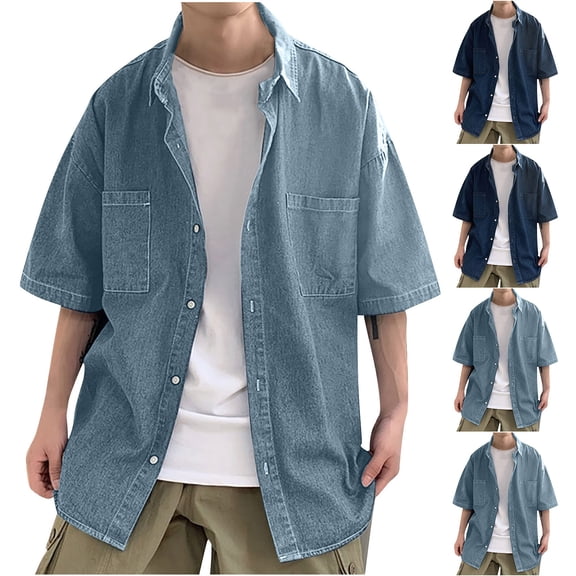 Antinious Summer Beach Shirt Men,Oversized Tshirts for Man,Mens Short Sleeve Shirts Button up Solid Pocket Casual Loose,Blue,M