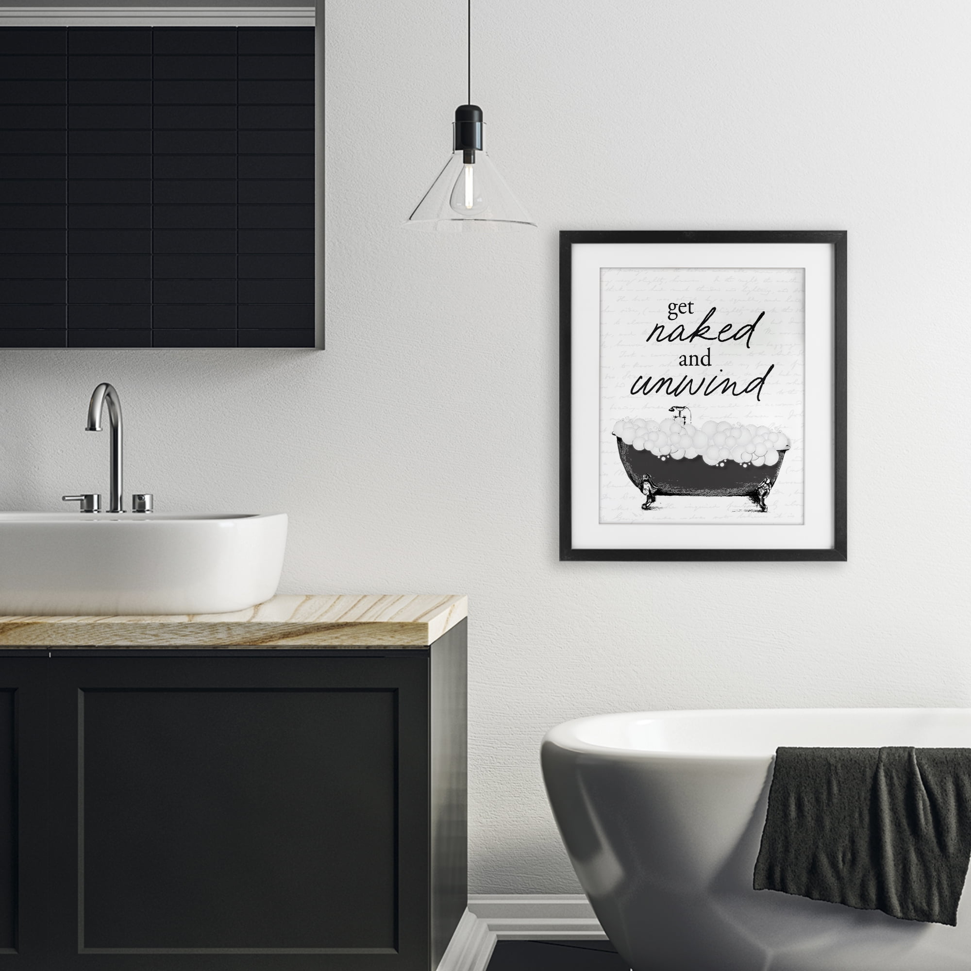 Unwind Bubble Bath Black Framed Print Under Glass, design by Lettered and Lined
