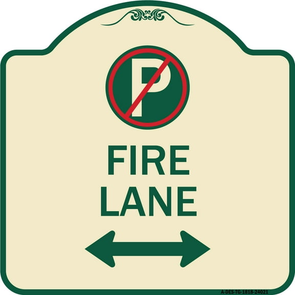 SignMission Designer Series Sign - Fire Lane (No Parking Symbol and Arrow Pointing Left and Right) | Tan & Green 18" X 18" Heavy-Gauge Aluminum Architectural Sign | Made in the USA