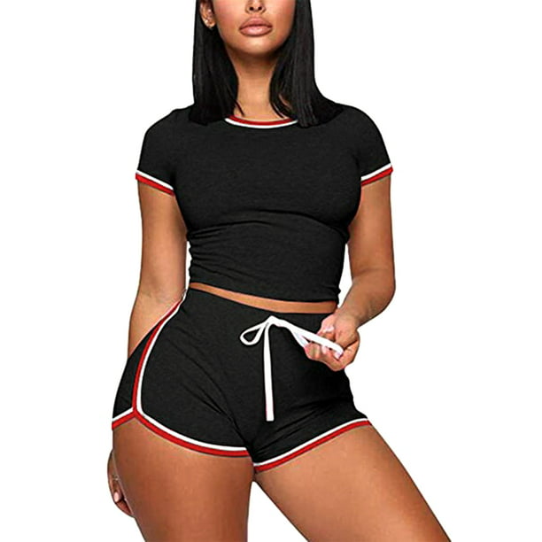 Women's Two Piece Outfits Summer Solid Bodycon Shorts Pant Set Tracksuit  Sports Shirt Shorts Jogger Sportswear Set Activewear - Walmart.com