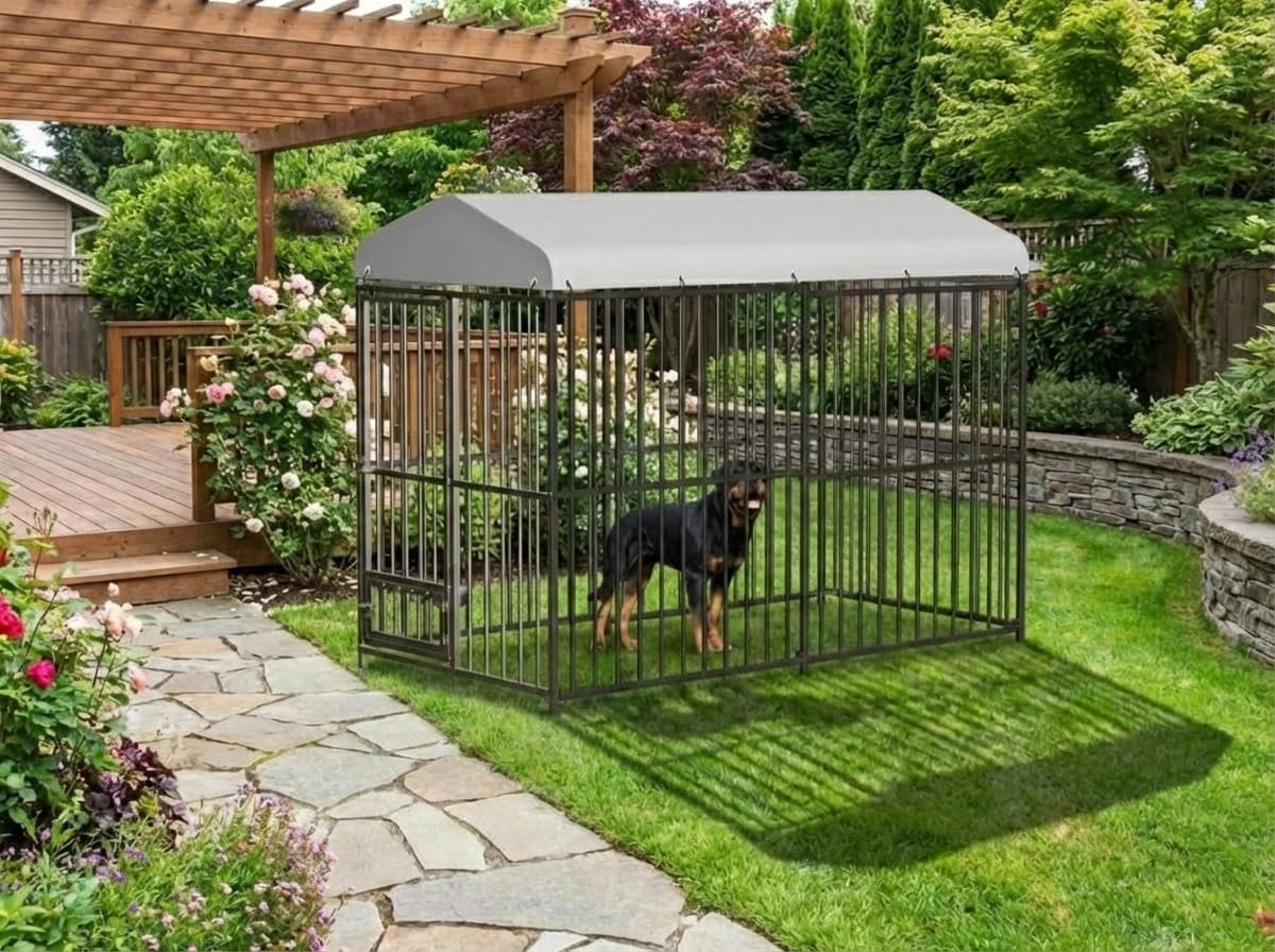 8x4x6 ft Large Outdoor Dog Kennel with Feeding Doors, Large Dog Kennel with Waterproof Roof, Heavy Duty Dog Enclosures for Outdoor Garden Backyard Courtyard Black