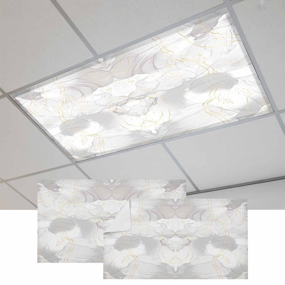 Fluorescent Light Covers for Ceiling Lights Classroom, Grey Abstract Marble Texture Magnetic Ceiling Light Cover Filter for School,Office, 2X4 FT, Pack of 2, Modern Gold Line White