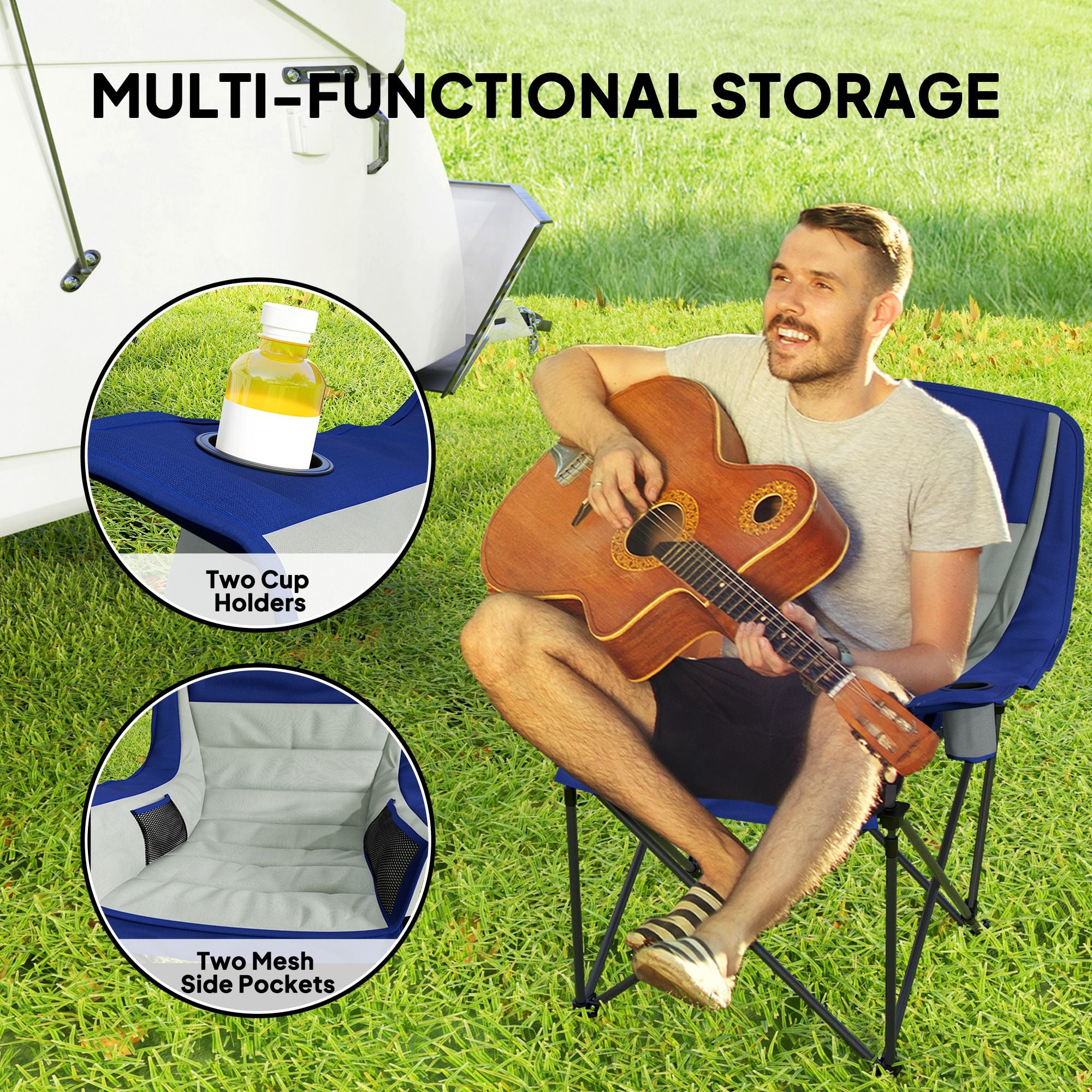 Padded Camping Chair for Adults, Portable Folding Camping Chair with Side Pockets, Cup Holders, Carry Bag, Light Gray