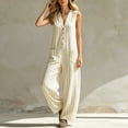 thumbnail image 6 of Costeam Womens Striped Sleeveless V Neck Button Front Jumpsuit Elastic Waist Loose Wide Leg Full Length with Side Pockets Soft Fabric Casual One Piece Pants, 6 of 7