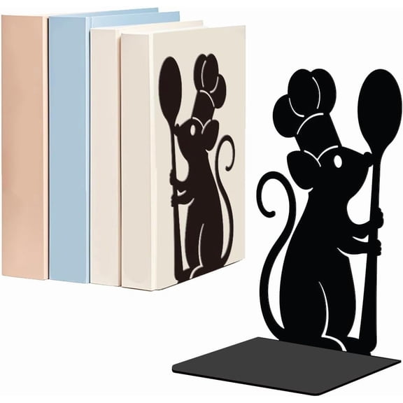 1 Pair Mouse Metal Bookends for Shelves Decorative Kitchen Heavy Duty Metal Decorative Book Ends Non-Skid Black L-Shaped Book Stopper