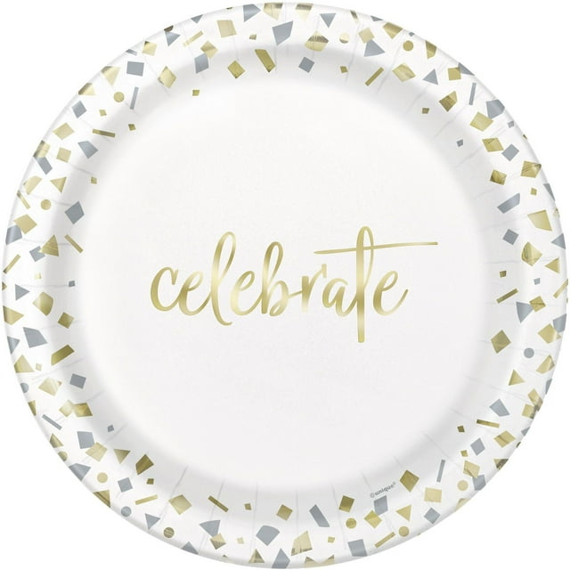 Assiettes en carton 23 cm « Confettis dorés » de Unique Industries, paquet de 10