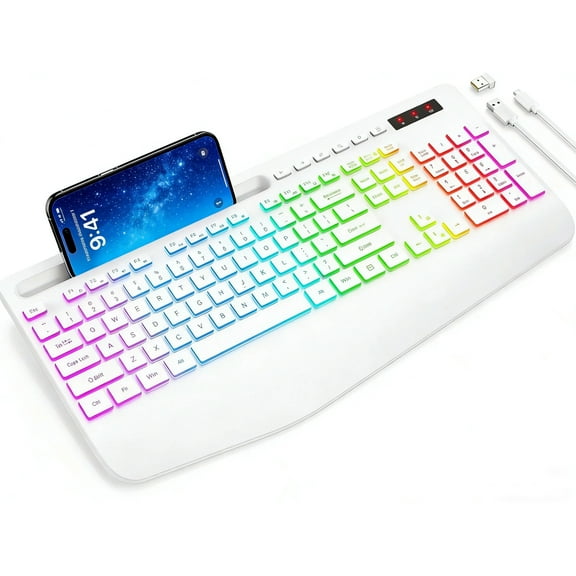 Wireless Keyboard Rechargeable Ergonomic with 9 Effects Backlits, Wrist Rest, Phone Holder, Silent Keys for PC, Laptop, Windows, Mac