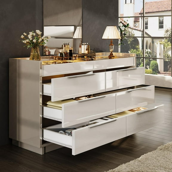 Papajet 47.2" W 8 Drawer Dresser with LED Light & Glass Top, Modern Storage Chest with 2 Jewelry Drawers, Storage Organizer for Bedroom, Cream & Grey