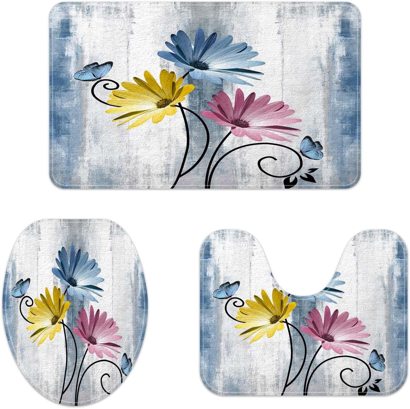Rustic Farmhouse Bath Mat Set, Farm Blue Daisy Floral Flowers and Butterfly on Country Wooden Bathroom Mat Set with Non-Slip Bath Rug, Soft Toilet Lid Cover and Contour Mat, Turquoise Blue (Blue-2)