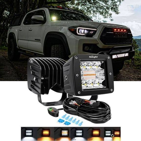 Nilight 2Pcs 42W 3inch Led Pods Light 3inch Cubes Amber White Strobe 6 Modes Memory Function off Road Truck Car ATV SUV Cabin Boat with 16AWG Wiring Harness Kit-2 Leads