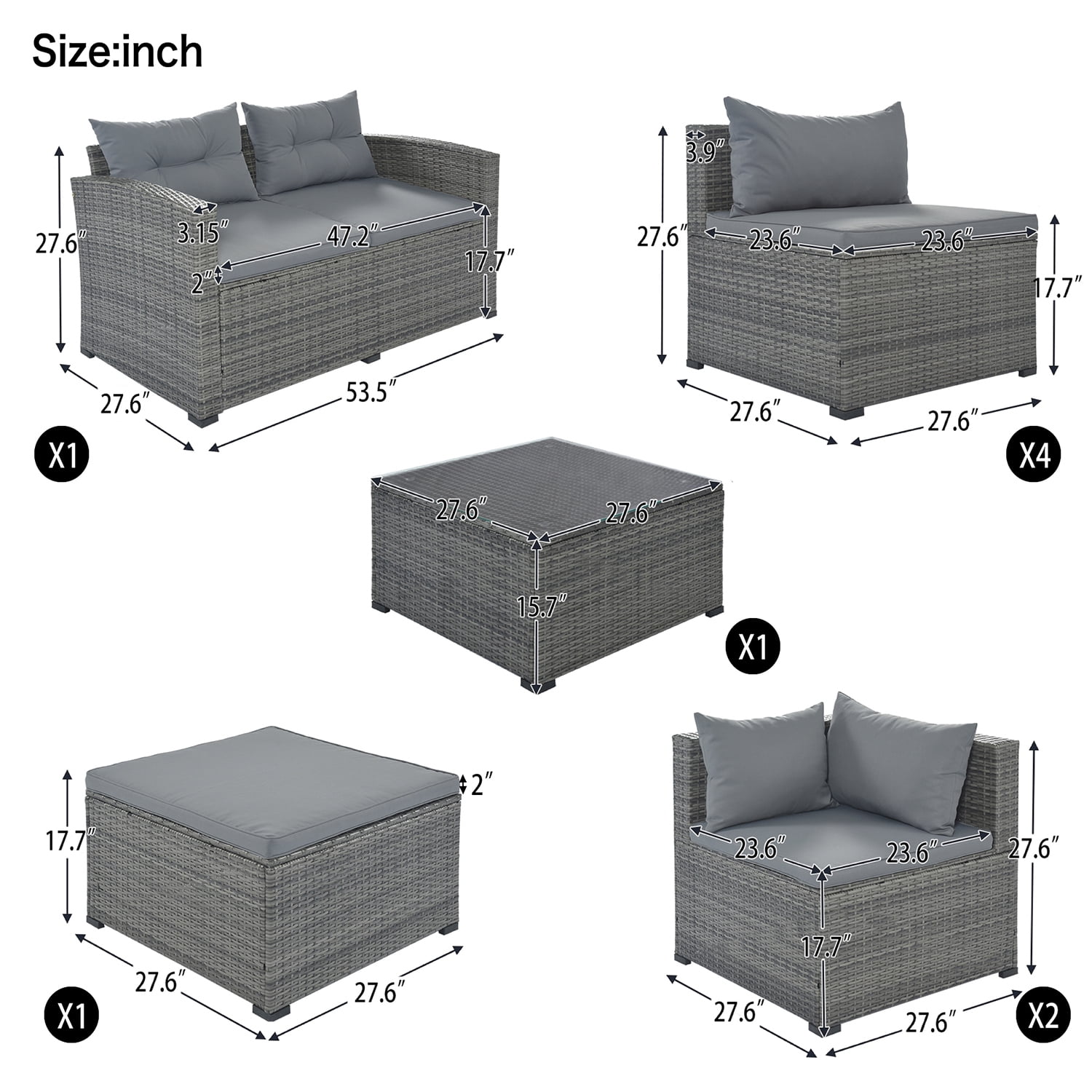 Kadyn 9-piece Outdoor Patio Large Wicker Sofa Set, Rattan Sofa Set for Garden, Outdoor Conversation Set with Cushions & Coffee Table, Gray Kadyn 9-piece Outdoor Patio Large Wicker Sofa Set, Rattan Sofa Set for Garden, Outdoor Conversation Set with Cushions & Coffee Table, Gray