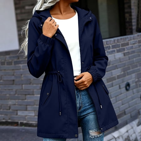 Women s Waterproof Raincoat Elastic Cuffs Long Sleeve Zipper Adjustable Drawstring Hooded Travel Outdoor Rain Jacket With Pockets