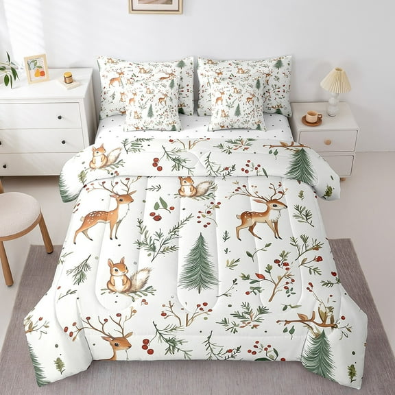 Erosebridal Squirrel Deer Bedding Sets Twin Size, Rustic Animal Comforter Sets with Sheets, Pine Plant Bed Set, Microfiber Bedroom Decor, 7 Pieces
